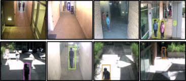 A grid of eight security camera frames showing indoor hallways and outdoor walkways. Pedestrians walking through the spaces are highlighted and enclosed in various colored bounding boxes, demonstrating a multi-camera pedestrian tracking system.