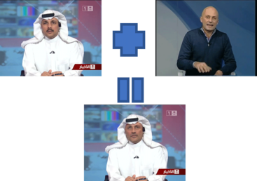A diagram illustrating a facial swap or deepfake generation process. Two source images at the top—a news anchor wearing a traditional white ghutrah and igal, and a man in a dark blue sweater—are joined by a blue plus sign. An equals sign points down to a final synthesized image showing the news anchor's body with a altered facial expression matching the second man.