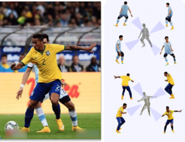 A split-screen research graphic demonstrating 3D human motion capture from soccer footage. On the left, a close-up photo shows two soccer players, one in a yellow Brazil jersey labeled with the number 2, competing for the ball. On the right, the scene is decomposed into 3D wireframe models of the players, surrounded by multiple isolated camera perspectives capturing the action from different angles.