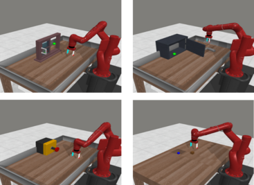 Four simulated robot-learning environments, each showing a red robotic arm at a wooden table performing a manipulation task: top-left, the arm reaches toward a wall-mounted window frame with a green target dot; top-right, the arm reaches into an open dark cabinet or safe with a green target dot inside; bottom-left, the arm approaches a black and yellow box with a red button on top; bottom-right, the arm hovers over the table near small blue and brown objects with no other props present.